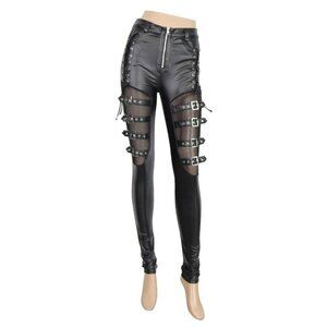 VINYL BUCKLE PANTS XS Devil Fashion Fishnet Cyber Goth Bikercore PVC PU Black
